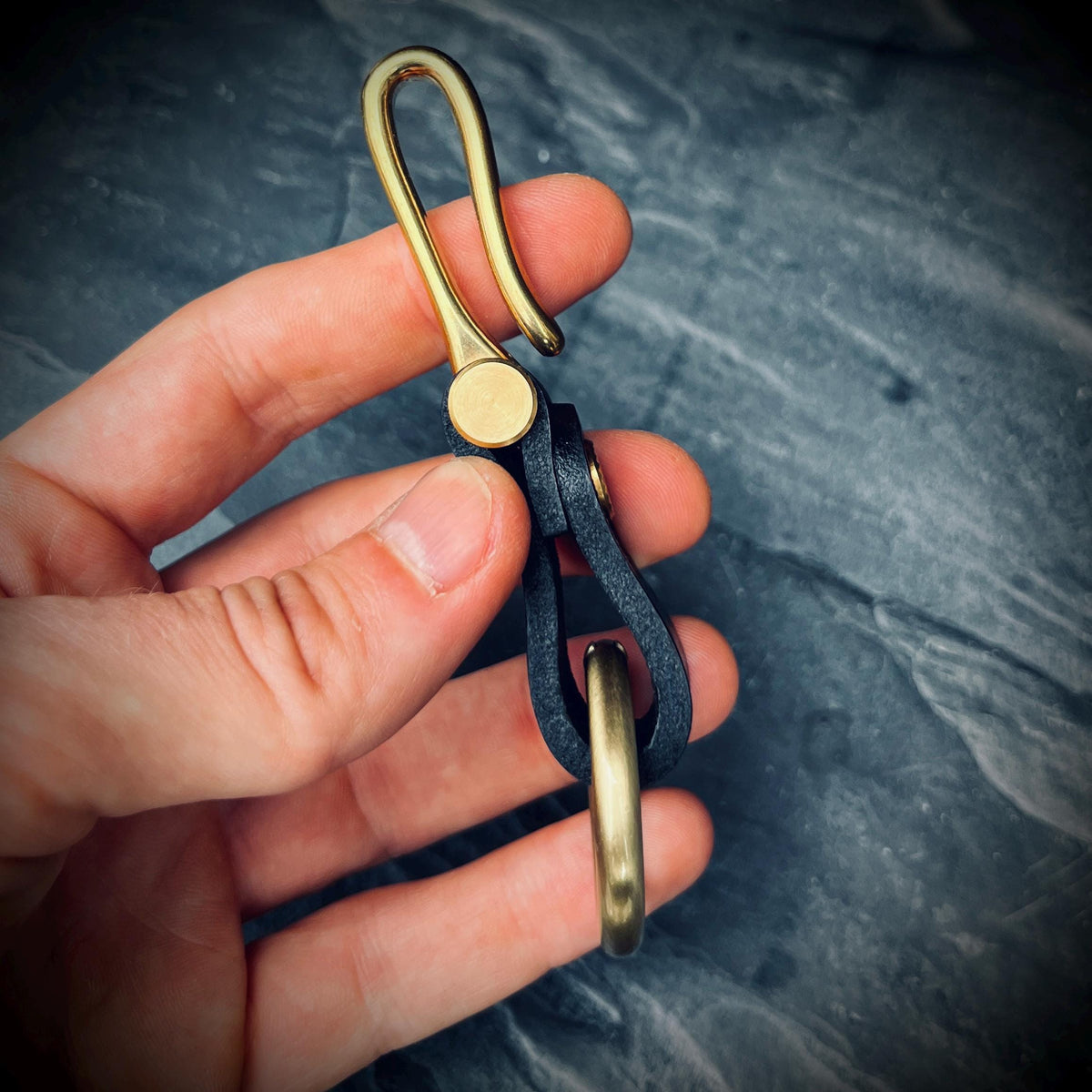 Distressed Black Leather Brass Fish Hook Belt Keychain / Key Holder / Lanyard / Carabiner