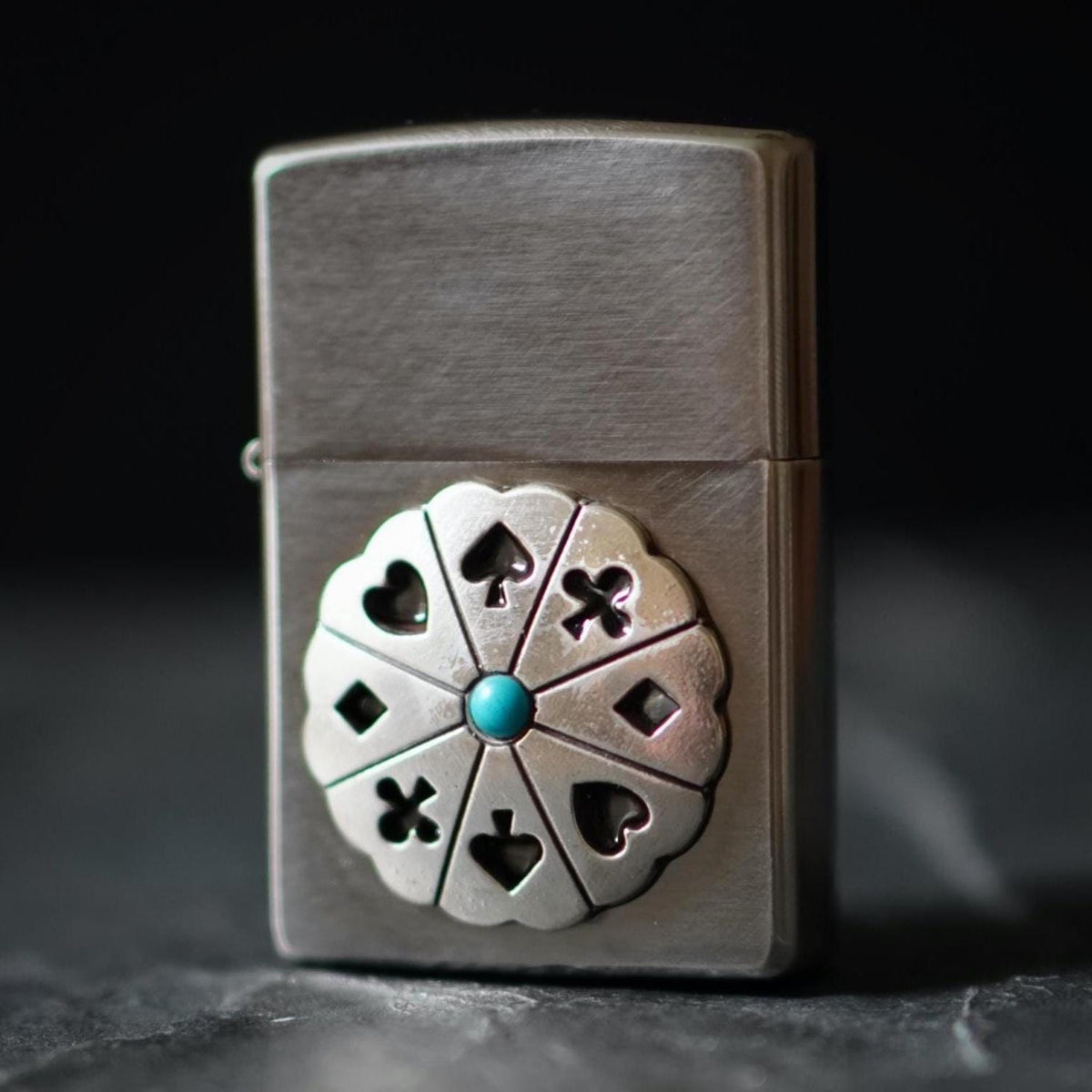 Customised Brushed Silver Chrome Zippo Lighter with Playing Card Wheel Emblem Badge