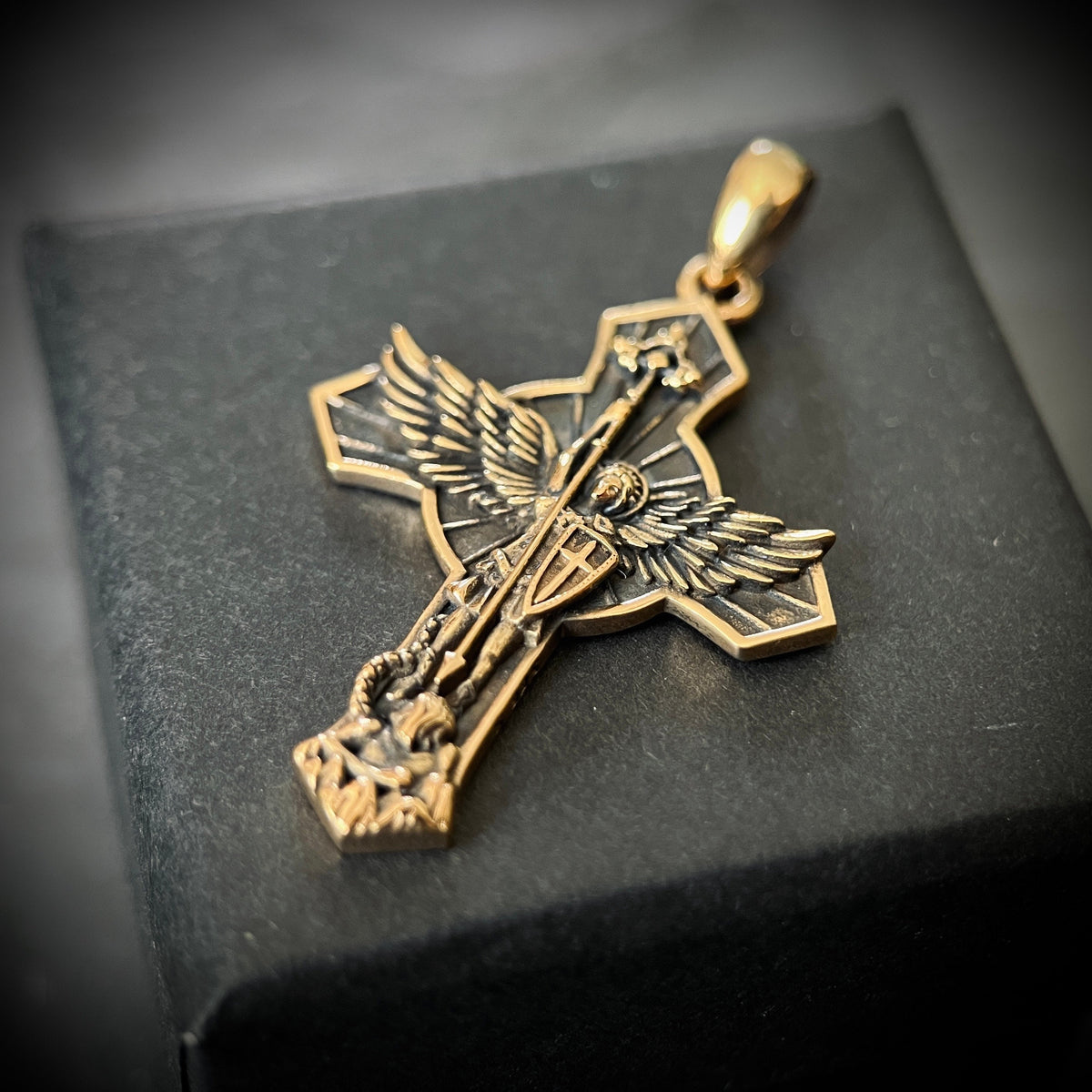 Archangel - 24ct Gold Plated Handmade Saint Michael "Protect Us" Crucifix Shield Pendant with Presentation Gift Box