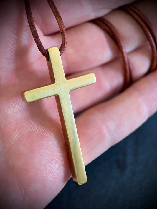 Gold Stainless Steel Cross Necklace with Rustic Brown Leather Cord
