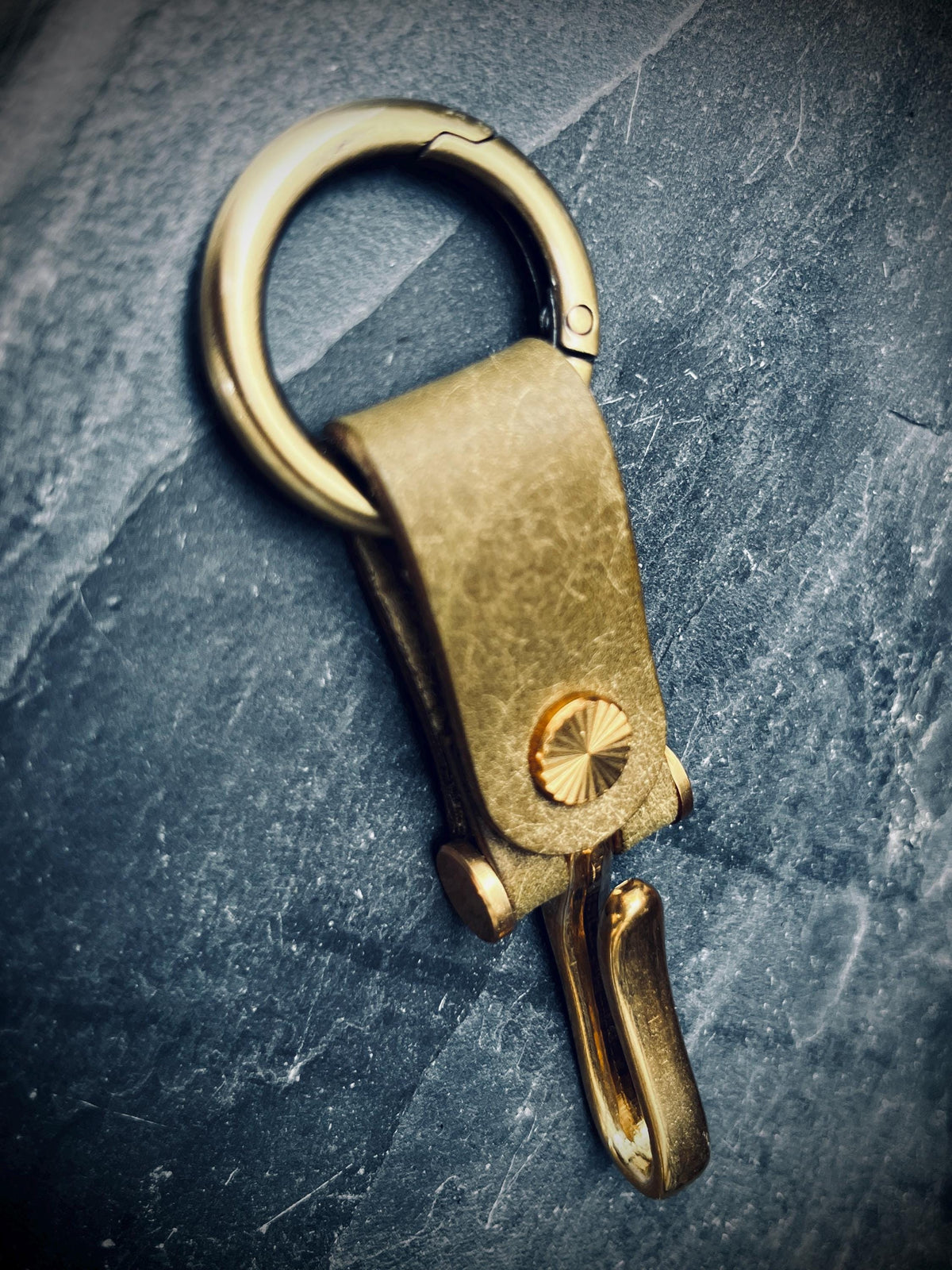 Distressed Olive Green Leather Brass Fish Hook Belt Keychain / Key Holder / Lanyard / Carabiner