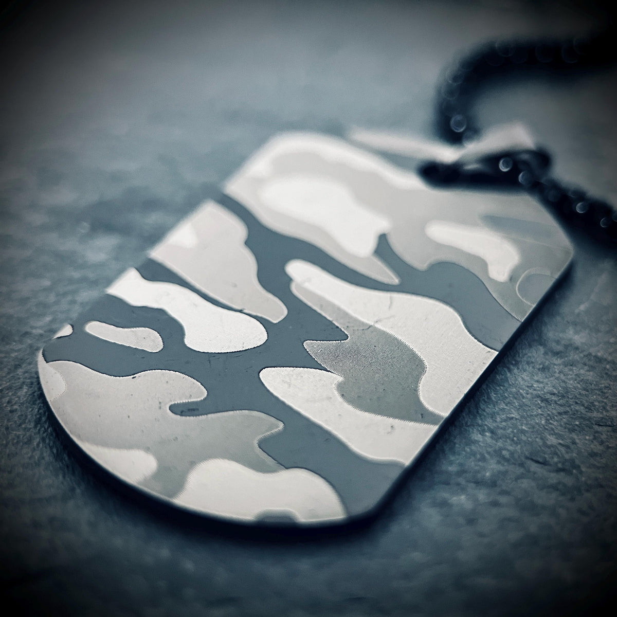 Matte Snow White Camo Dog Tag Necklace: Stainless Steel Metal Pendant with 24" Chain