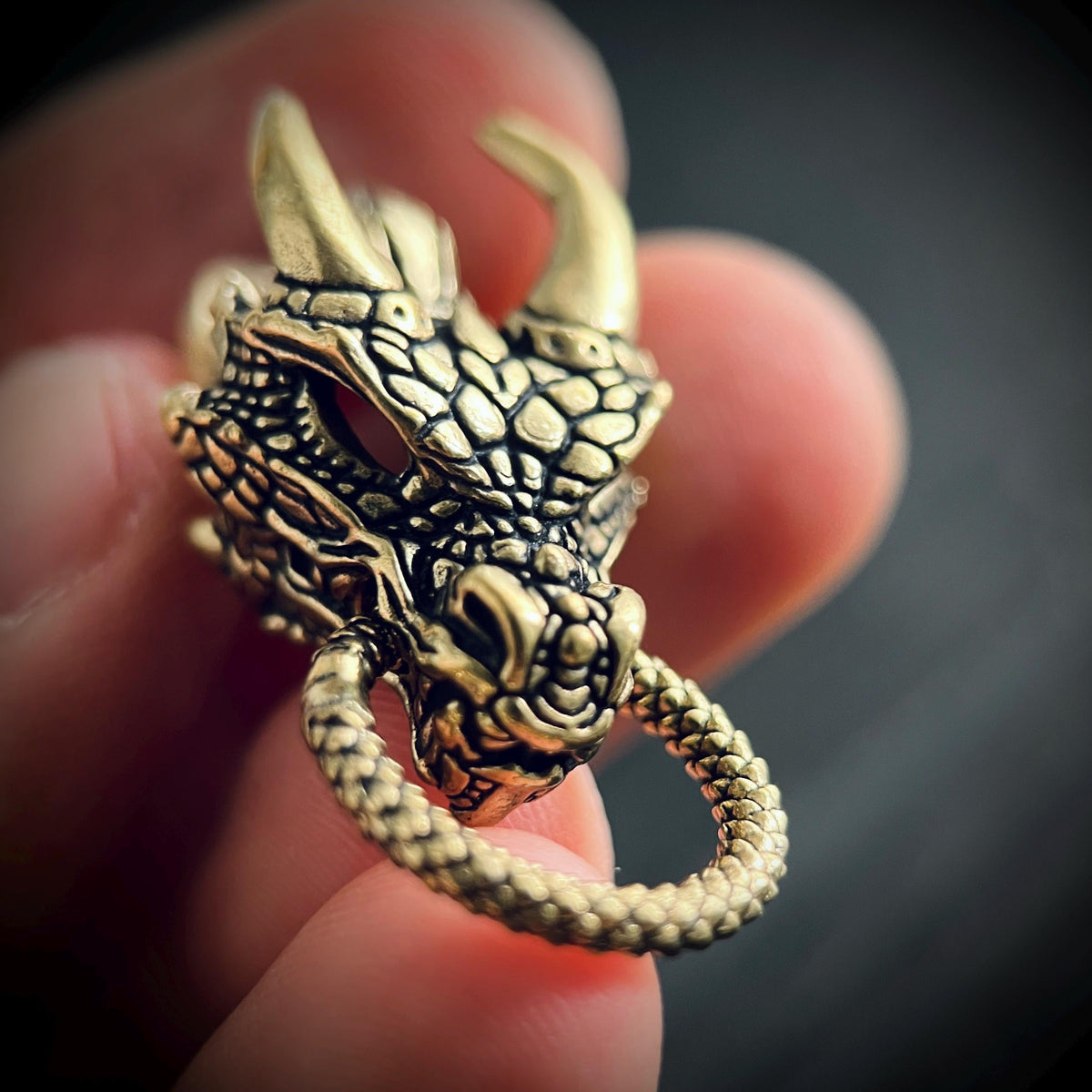 Oxidised Brass Dragon Head Charm Amulet Pendant – Rustic Black & Gold Finish