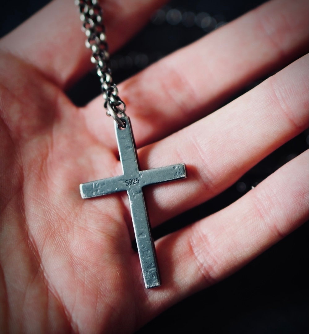 Rustic Oxidised Distressed 925 Sterling Silver Cross Pendant & 24" Rolo Chain Necklace