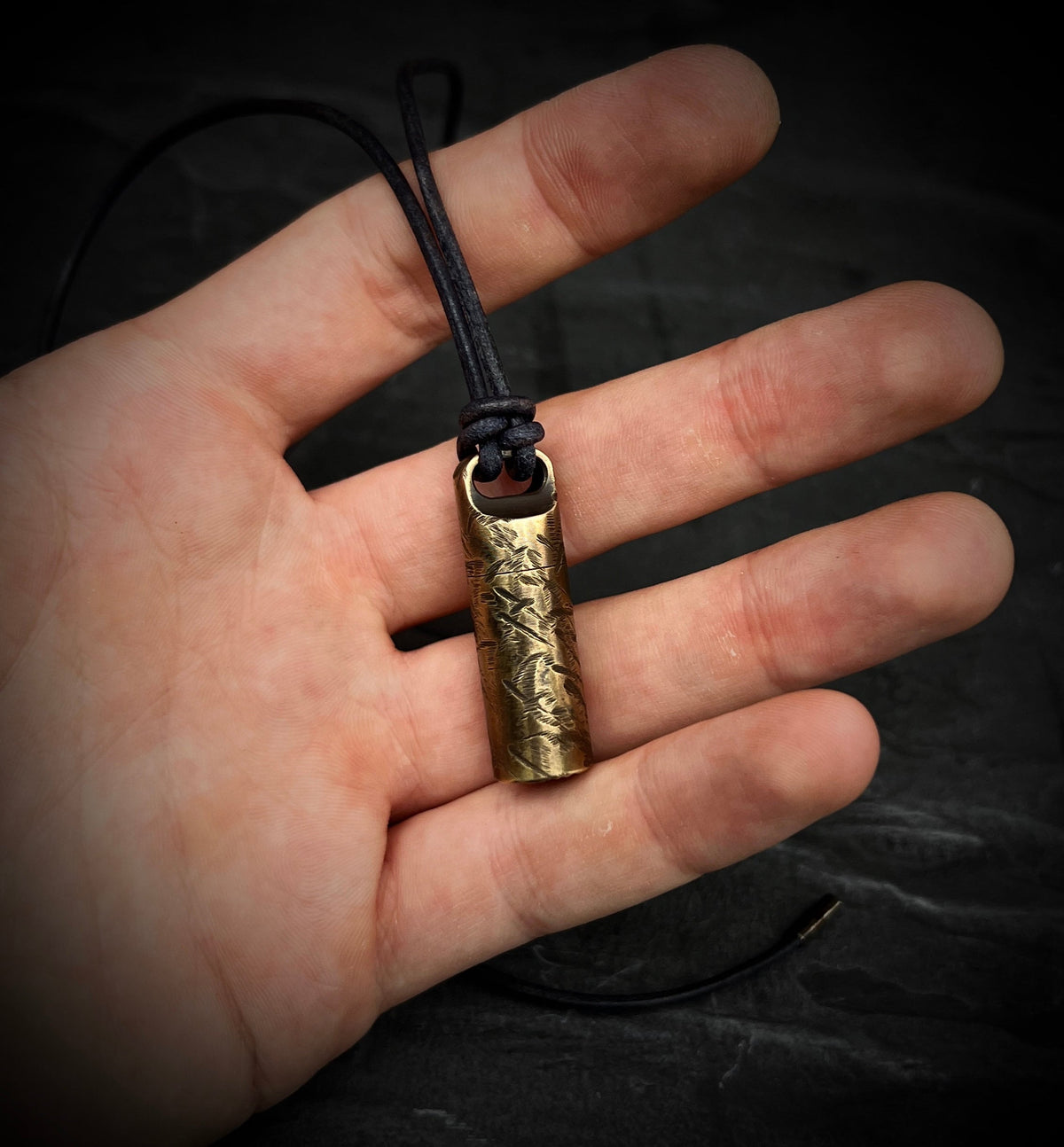 Solid Brass Small Pill Vial Cracked Effect Heavily Distressed Shotgun Shell Capsule Stash Urn Pendant with Leather Cord Necklace / EDC