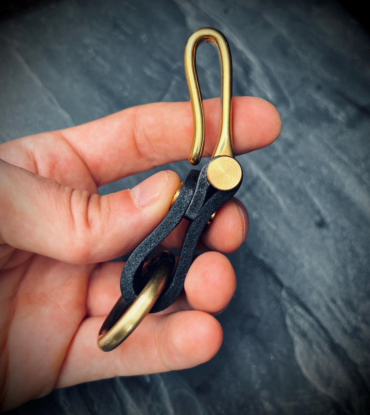 Distressed Black Leather Brass Fish Hook Belt Keychain / Key Holder / Lanyard / Carabiner
