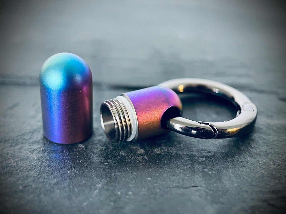 Rainbow Pearlescent Distressed Titanium Waterproof Pill Bottle Capsule Keychain / Keyring / Carabiner / Survival EDC / Container / Pocket