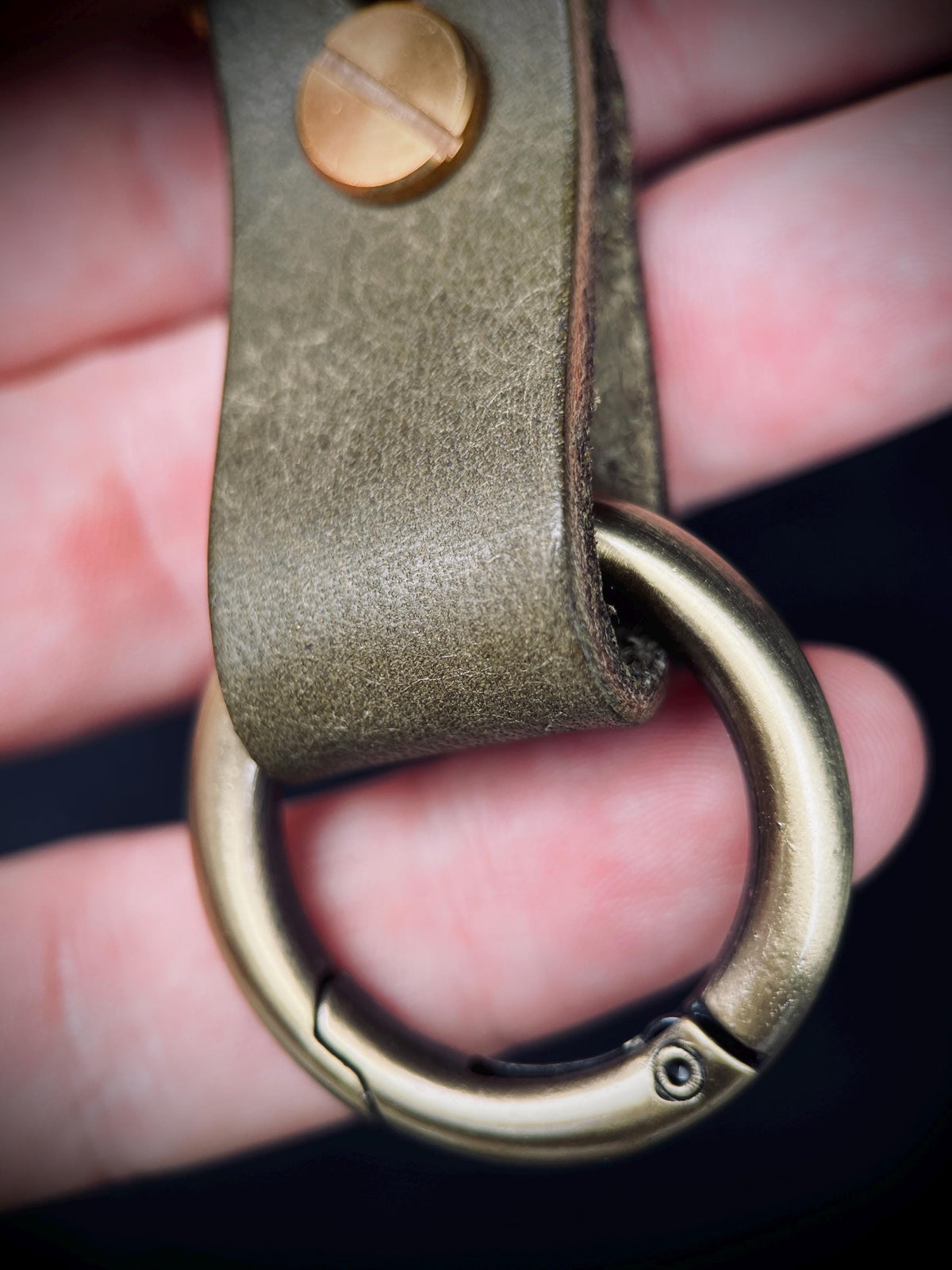 Distressed Olive Green Leather Brass Fish Hook Belt Keychain / Key Holder / Lanyard / Carabiner