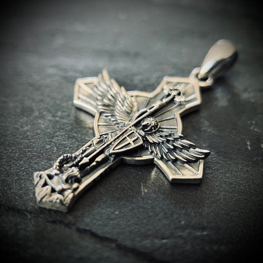 Archangel - 925 Solid Sterling Silver Handmade Saint Michael "Protect Us" Cross Pendant with Presentation Gift Box