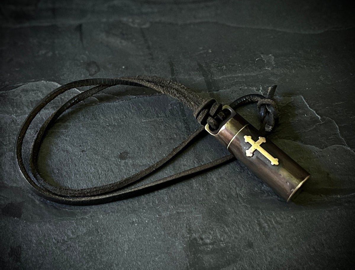 Rustic Brass Shotgun Shell Stash Capsule Necklace - Large Cross Crucifix Pendant