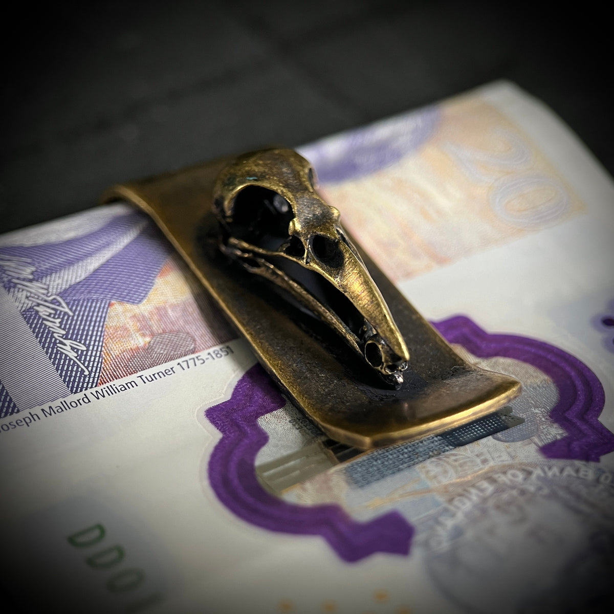 Vintage Distressed Style Solid Brass Crow Bird Skull Money Clip Holder / Wallet