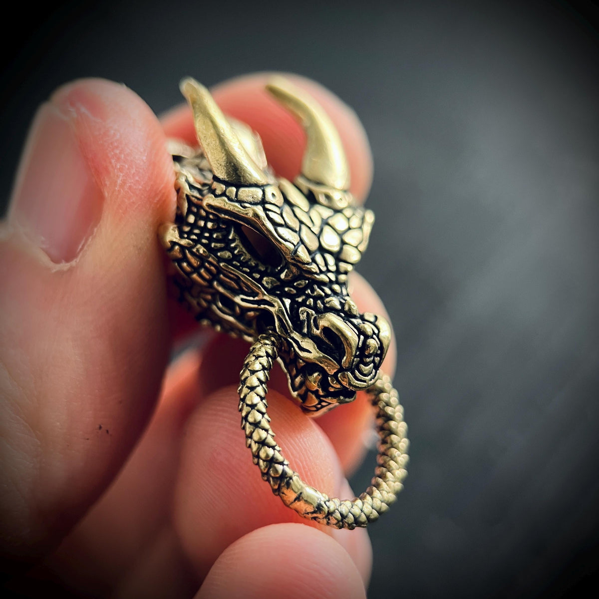 Oxidised Brass Dragon Head Charm Amulet Pendant – Rustic Black & Gold Finish
