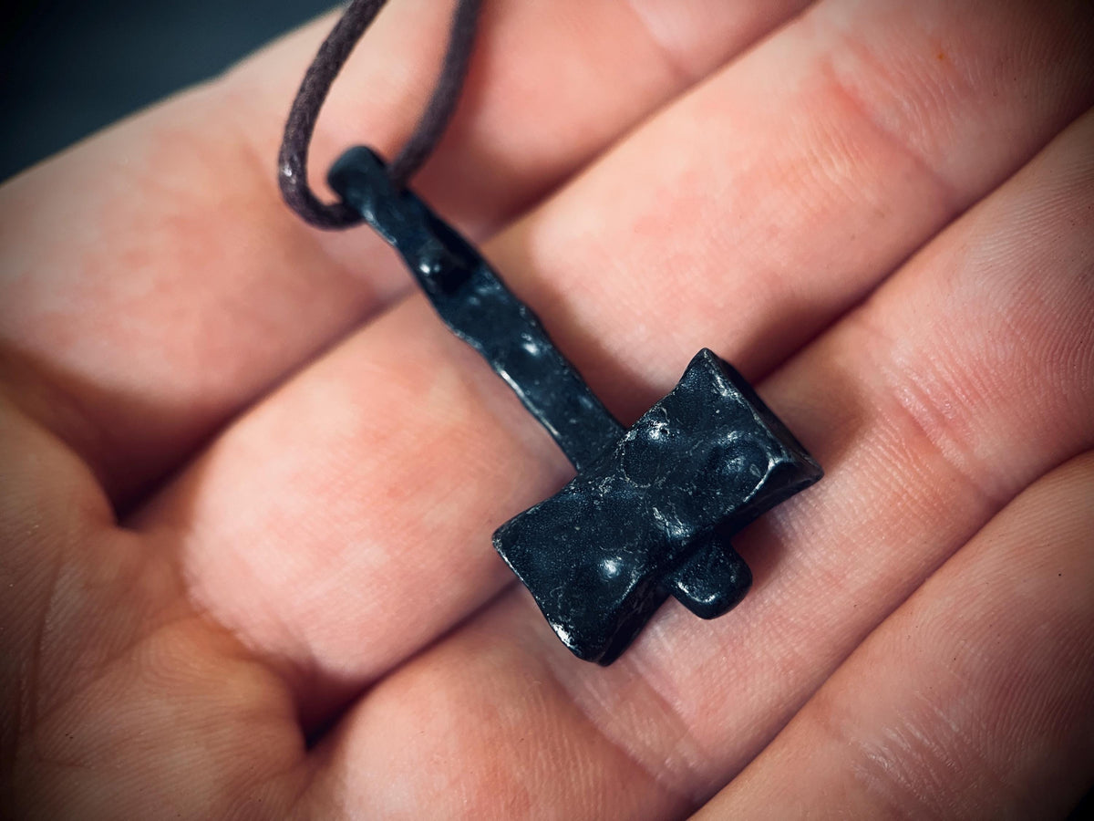 Forged Iron Thor's Hammer Necklace: Distressed Viking Mjolnir Pendant