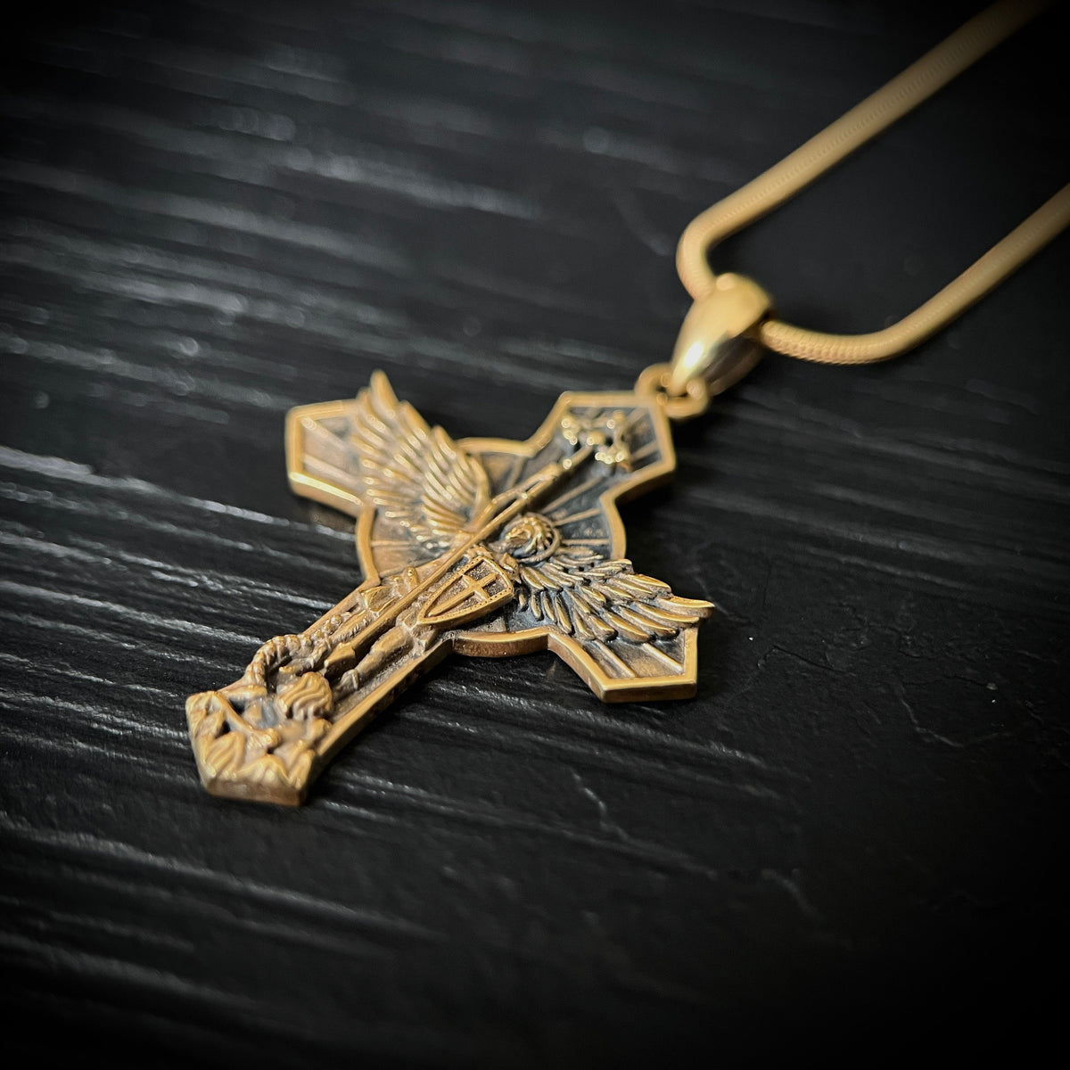 Archangel - 24ct Gold Handmade Saint Michael "Protect Us" Pendant & Matching Snake chain Necklace with Presentation Gift Box