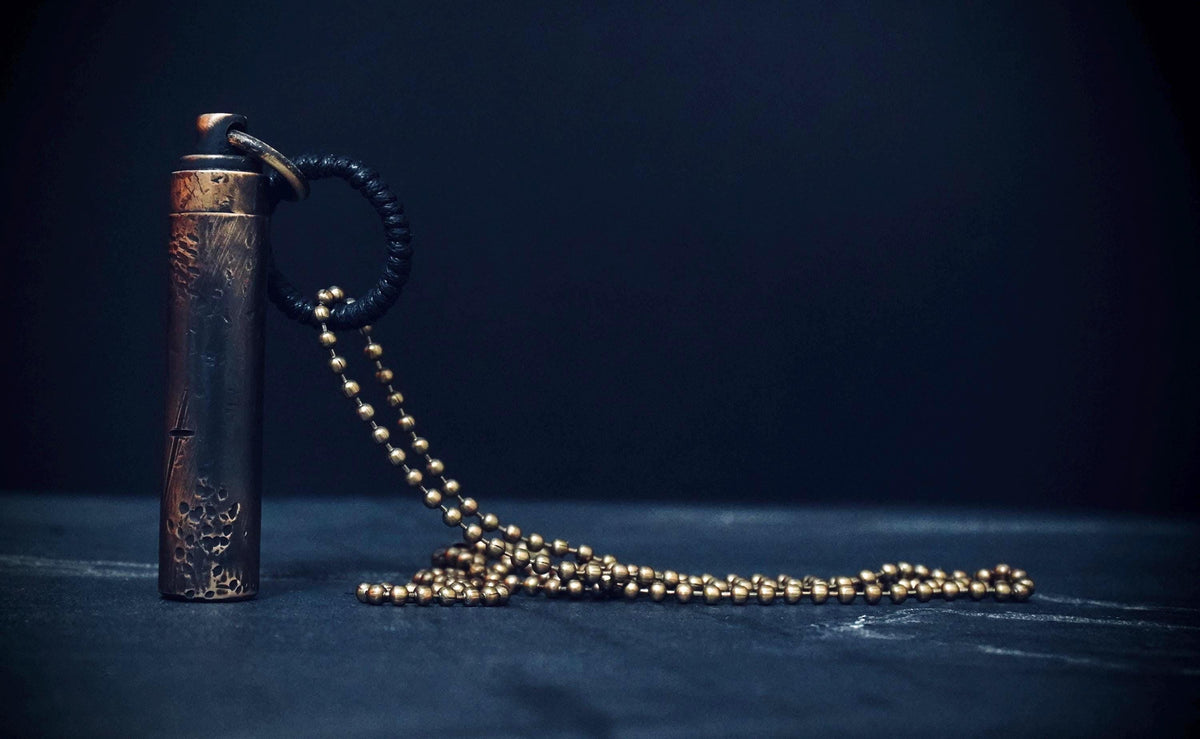 Rustic Etched Distressed Brass Stash Capsule Pendant Necklace - Secret Scroll Vial