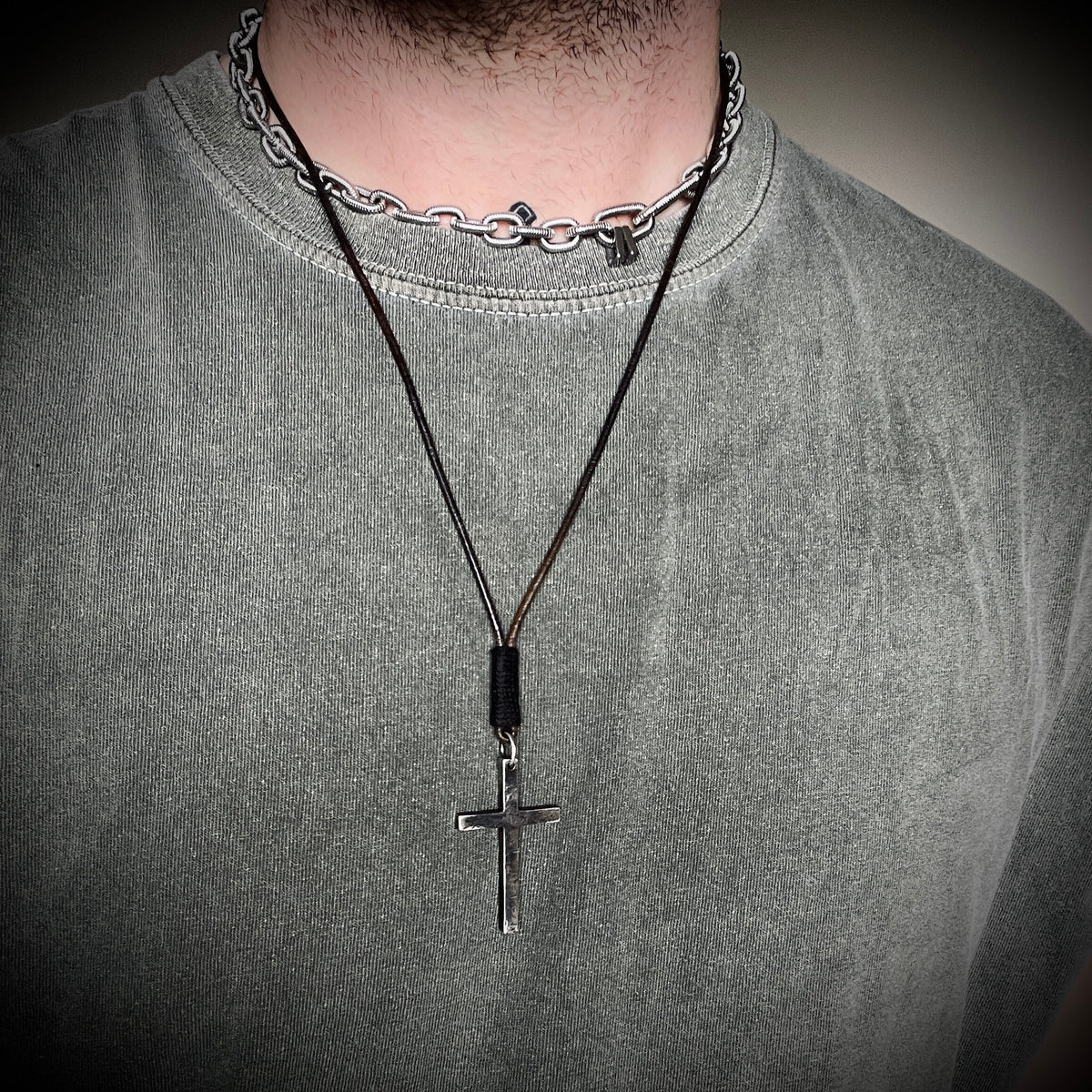 Brutalist Rustic Style 925 Sterling Silver Cross/Crucifix Pendant with Leather Cord Necklace