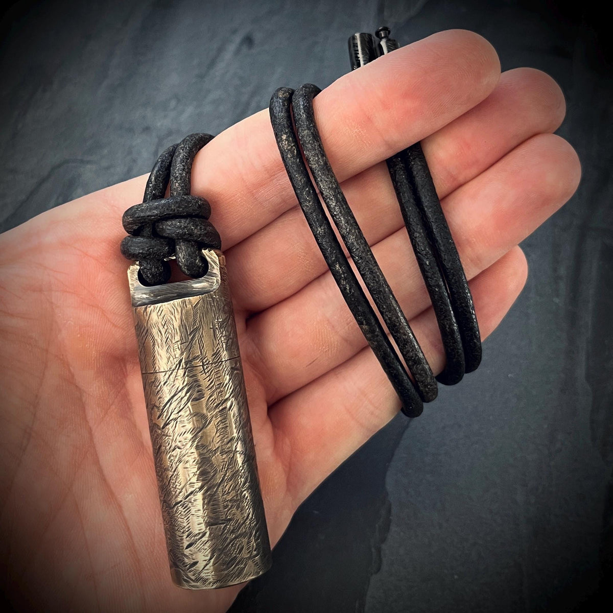 Large Rustic Brass Pill Vial Necklace: Distressed Capsule Stash Pendant with Leather Cord
