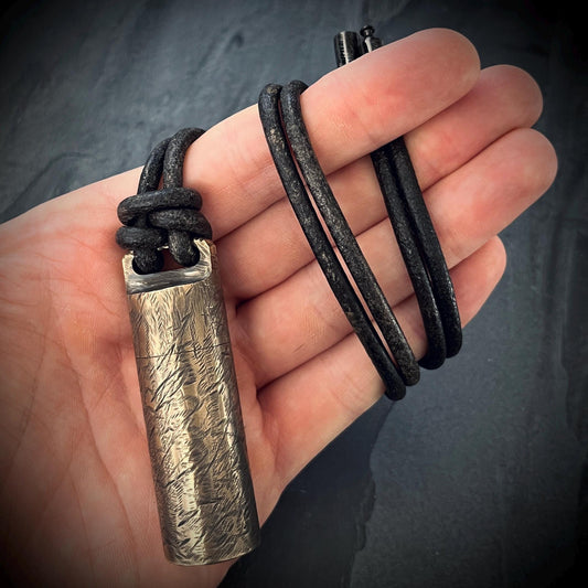 Large Rustic Brass Pill Vial Necklace: Distressed Capsule Stash Pendant with Leather Cord