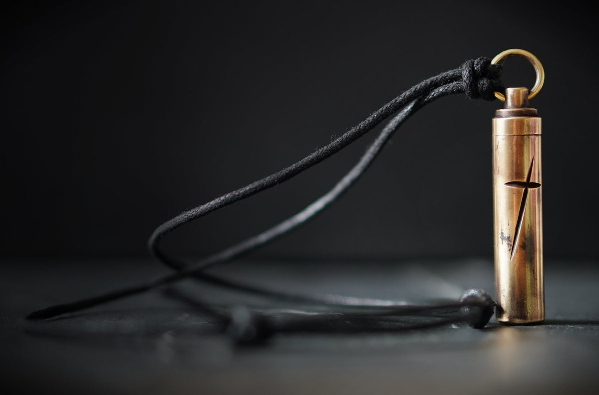 Rustic Handmade Brass Secret Stash Bullet Capsule Pendant Necklace with Engraved Cross & Custom Lettering