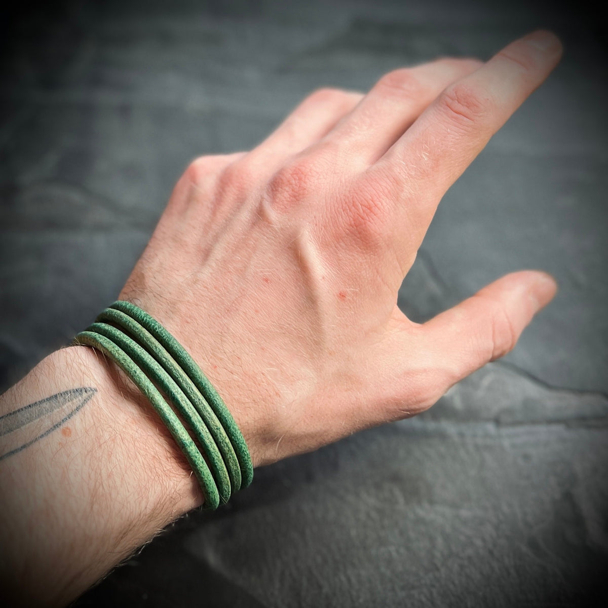 Artisan Handmade Minimalist Green Distressed Relic Leather Wrap Wristband Cuff Bracelet Accessory with Brushed Matte Black Lock Clasp