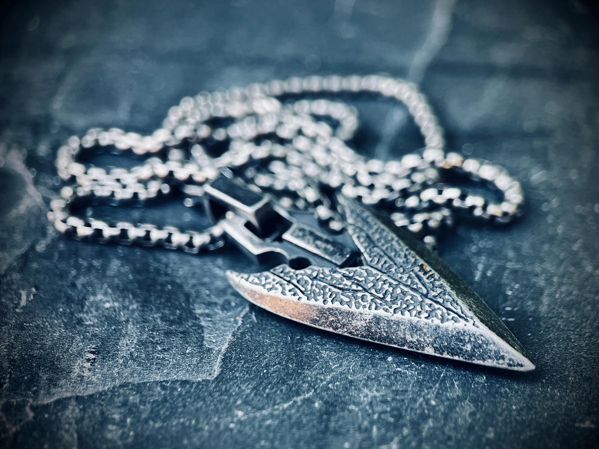 Rustic Solid Stainless Steel Blackened Silver Arrowhead Pendant & 24" Inch Matching Necklace – Oxidised and Distressed