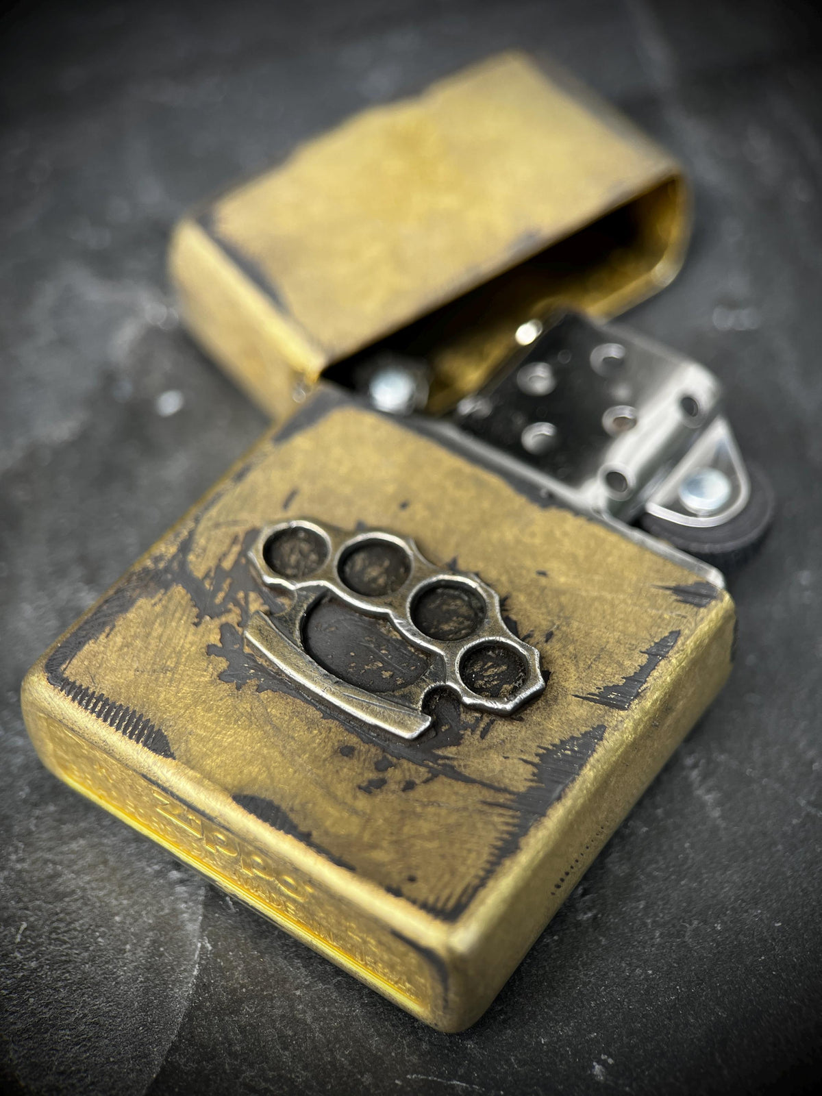 Customised Heavily Distressed & Oxidised Vintage Patina Style Solid Street Brass Zippo Lighter with Emblem / EDC / Custom