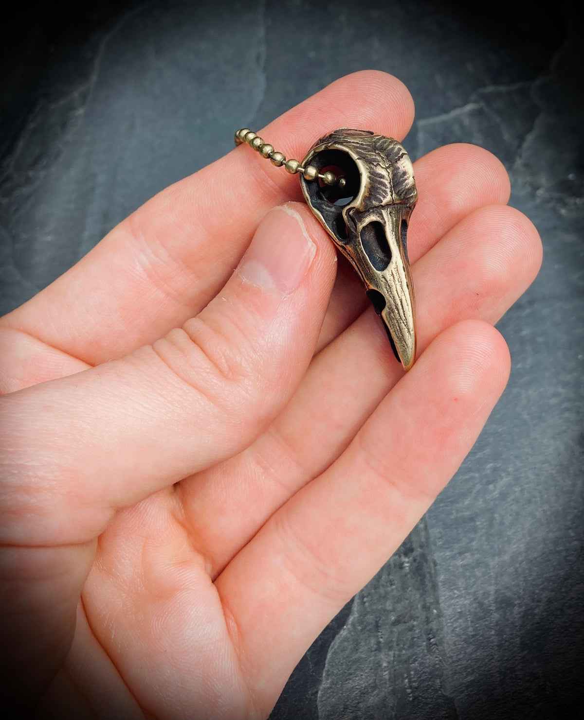 Handmade Solid Brass Distressed Crow / Raven Bird Skull Pendant with Matching Ball Chain Necklace
