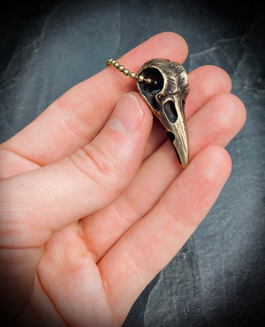 Handmade Solid Brass Distressed Crow / Raven Bird Skull Pendant with Matching Ball Chain Necklace