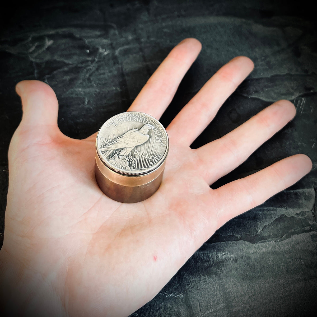 Handmade Silver Peace Dollar Bald Eagle Hobo Coin Vintage Brass Pill Bottle Stash Capsule Container / Survival EDC / Medicine / Snuff Box