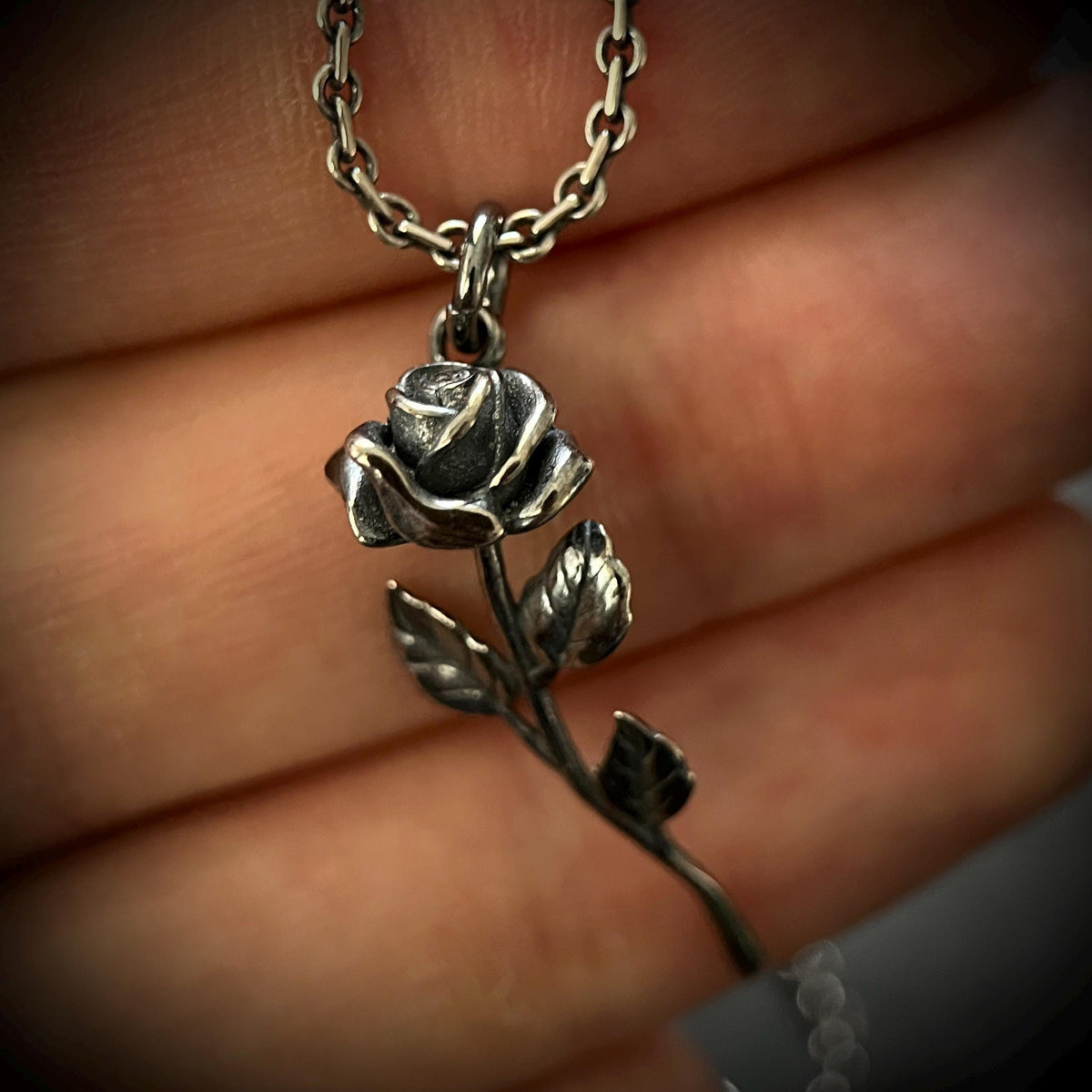 Rustic Oxidised 925 Sterling Silver Rose Pendant & Necklace • Floral Flower Necklace Charm