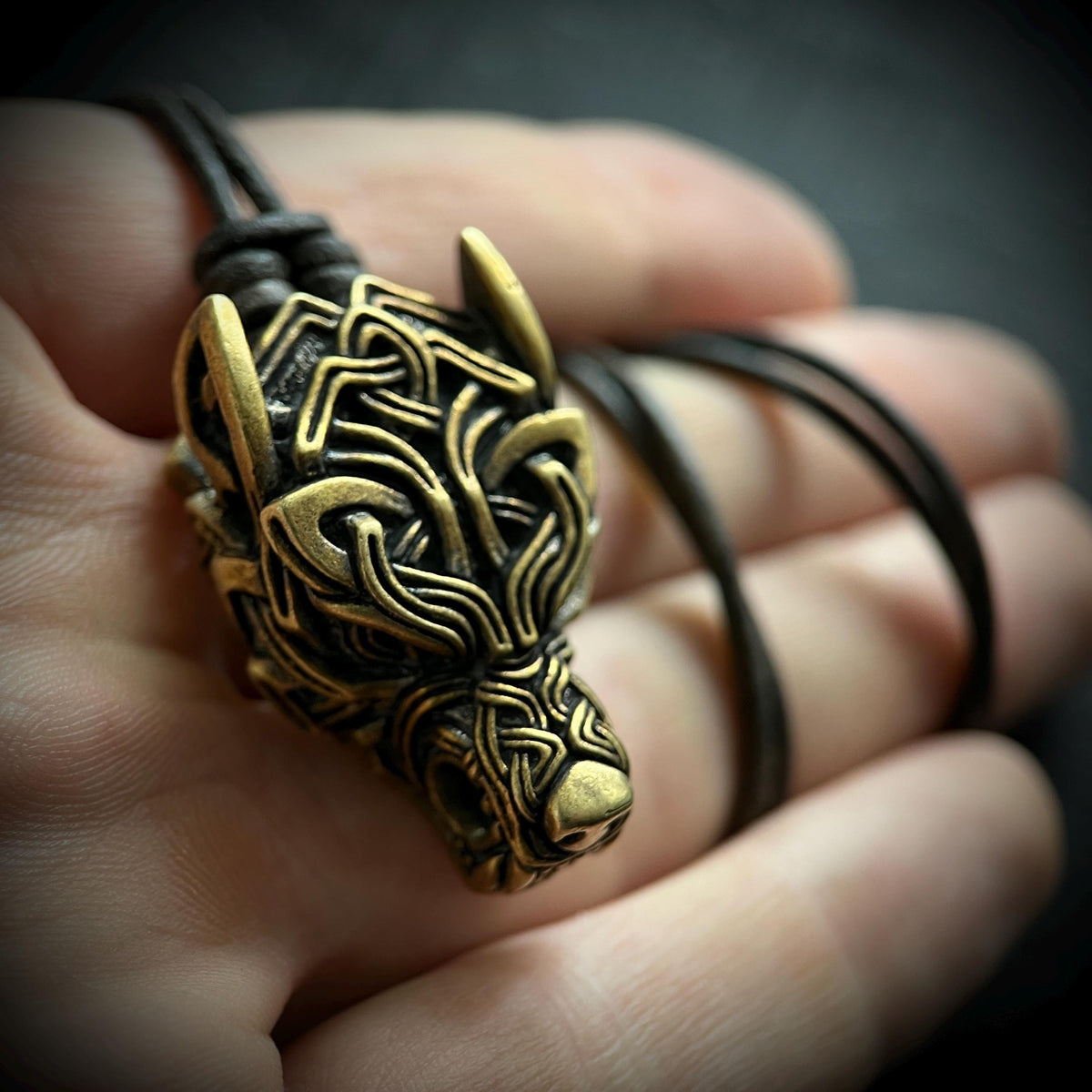 Rustic Brass Celtic Wolf Pendant & Black Distressed Leather Cord Necklace
