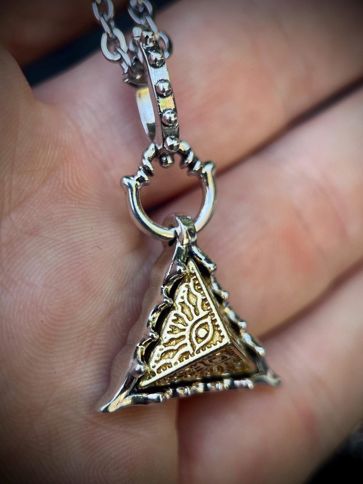 Egyptian Eye of Horus Golden Copper Pyramid and Silver Plated Pendant with Matching Necklace