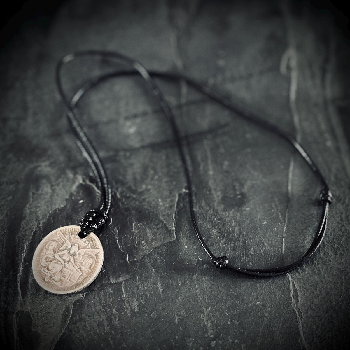 Ornate Rustic Silver Angel Medallion Pendant with Black Adjustable Cord Necklace