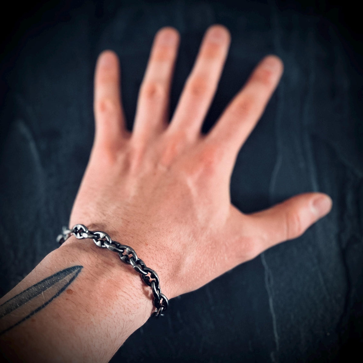 Rustic Chunky Distressed Blackened Stainless Steel Thorn Link Chain Bracelet