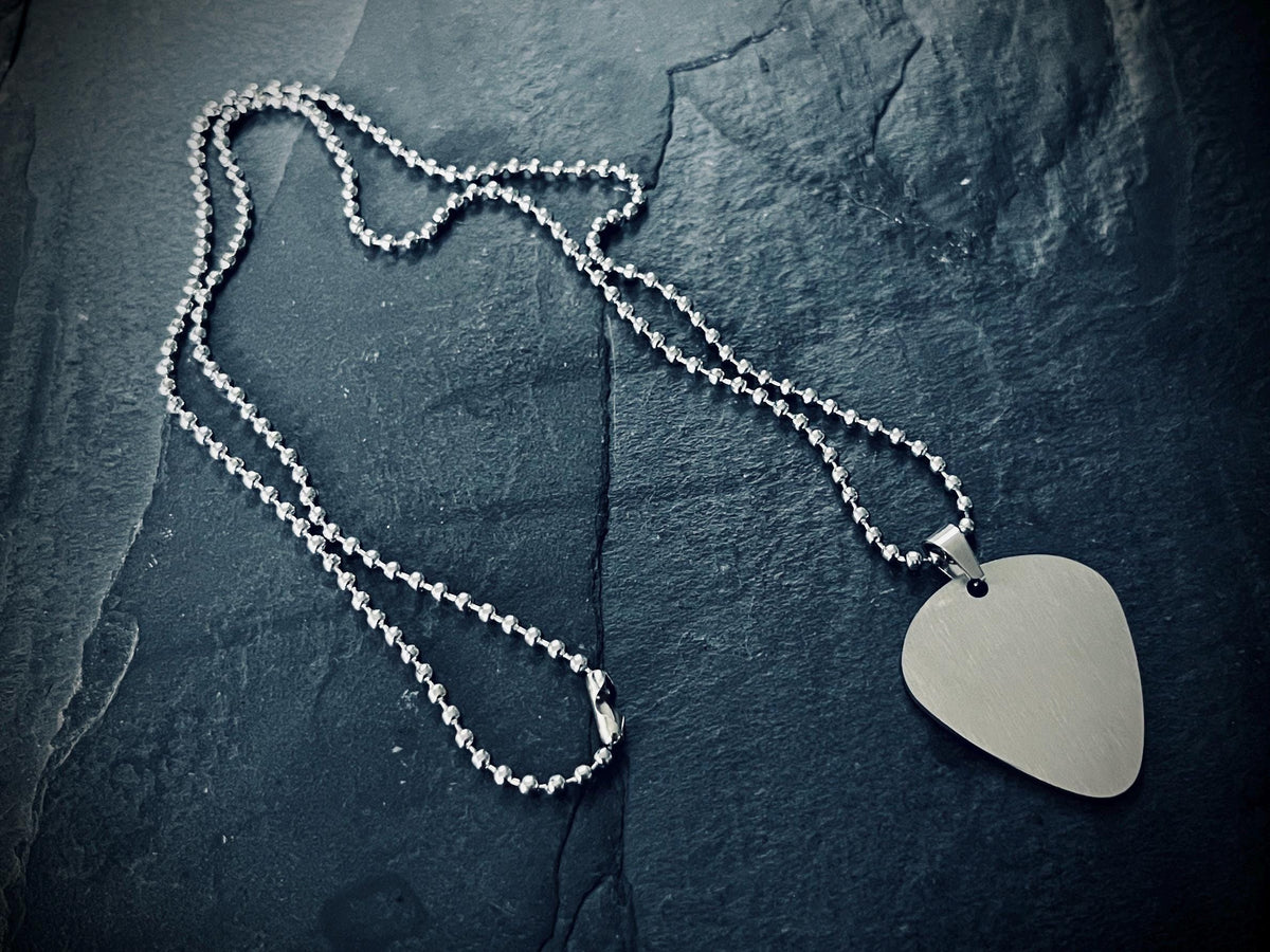 Minimalist Simple Brushed Stainless Steel Matte Silver Chrome Guitar Pick Pendant with Matching Ball Chain Necklace / Guitarist / Musician