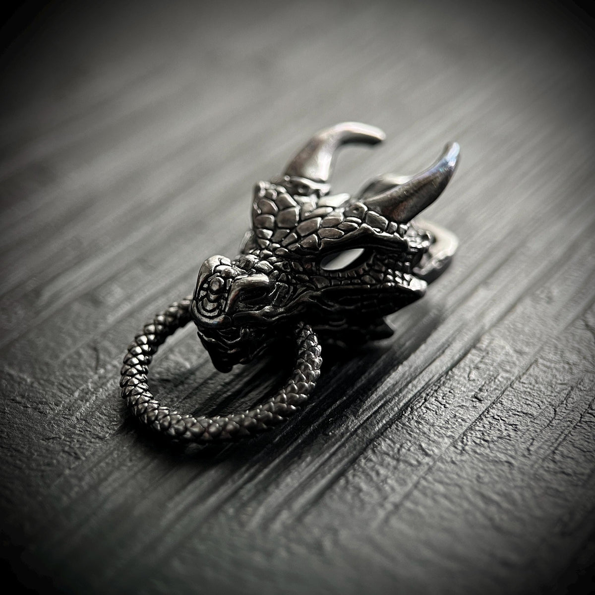 Black Oxidised Blackened Dark Steel Ornate Dragon Amulet Pendant