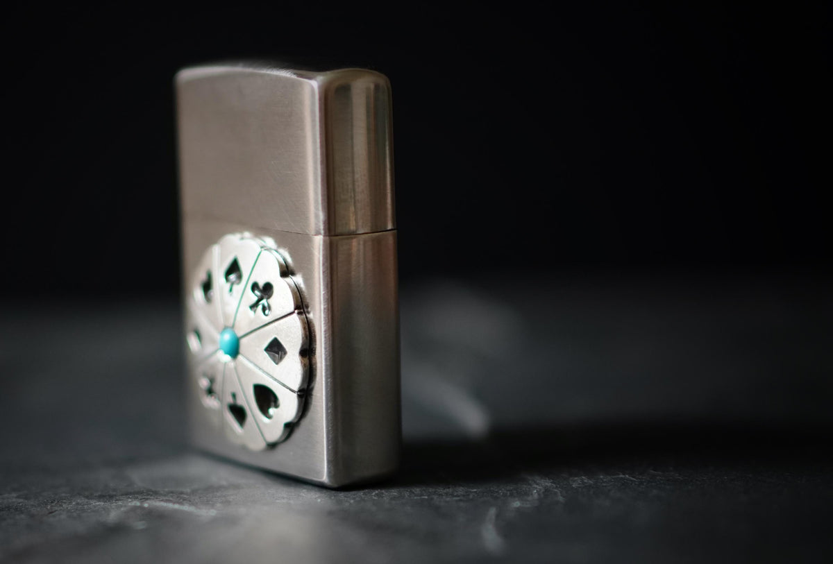 Customised Brushed Silver Chrome Zippo Lighter with Playing Card Wheel Emblem Badge