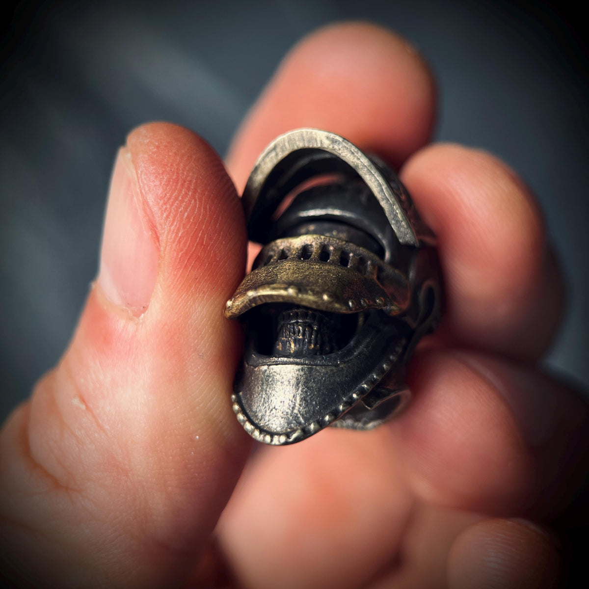 Ornate Highly Detailed Carved Distressed Aged White Brass Templar Knight Helmet Skull Pendant