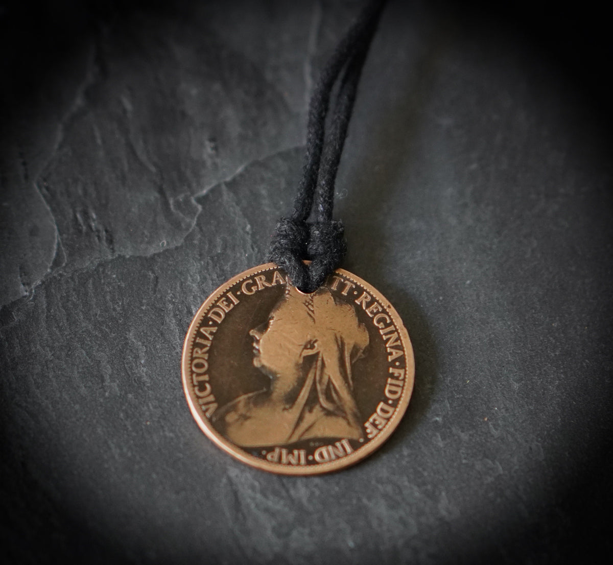 Victorian Penny Coin Necklace: Distressed Copper Pendant, Adjustable Cord