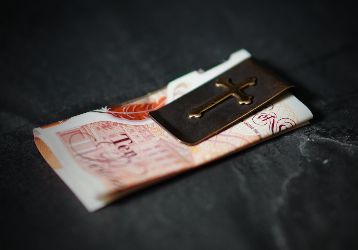 Handmade Distressed Brass Money Clip: Oxidized Cross Crucifix Design