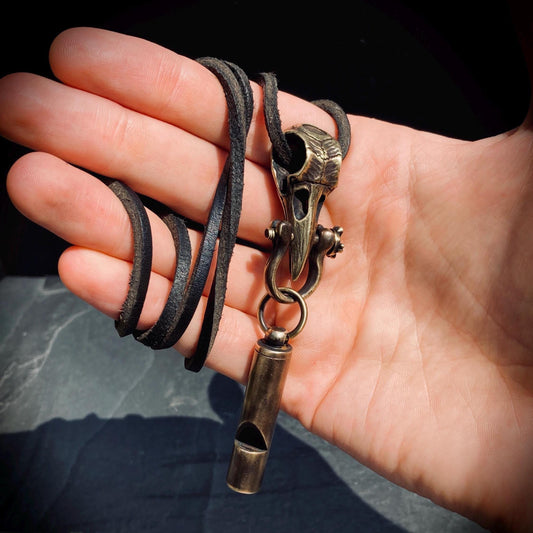 Handmade Brass Crow Skull Pendant with Whistle Attachment & Black Leather Cord Necklace