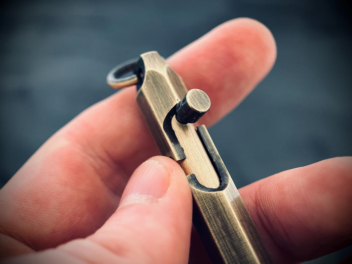 Distressed Bolt Action Oxidised Brass Pen with Grip and Keychain Loop | EDC