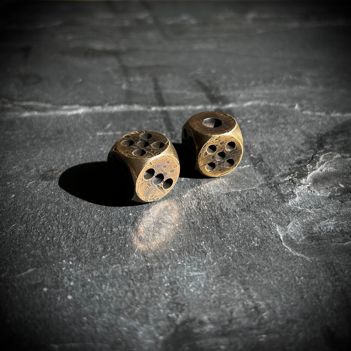 Custom Solid Heavy Brass Metal Dice Set with Distressed Aged Vintage Old Finish / EDC / Pocket Accessory / Poker / Gambler / Card Game