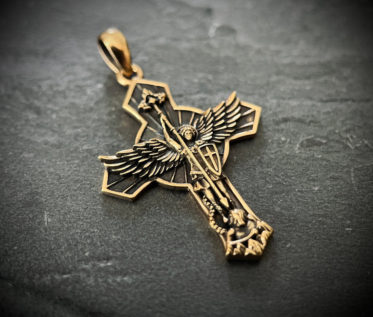 Archangel - 24ct Gold Plated Handmade Saint Michael "Protect Us" Crucifix Shield Pendant with Presentation Gift Box