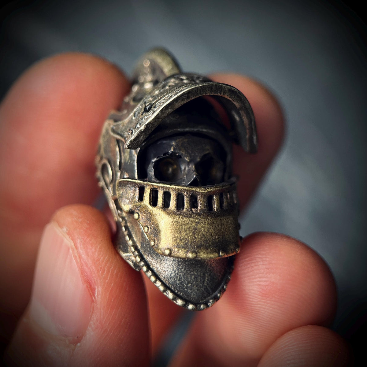 Ornate Highly Detailed Carved Distressed Aged White Brass Templar Knight Helmet Skull Pendant