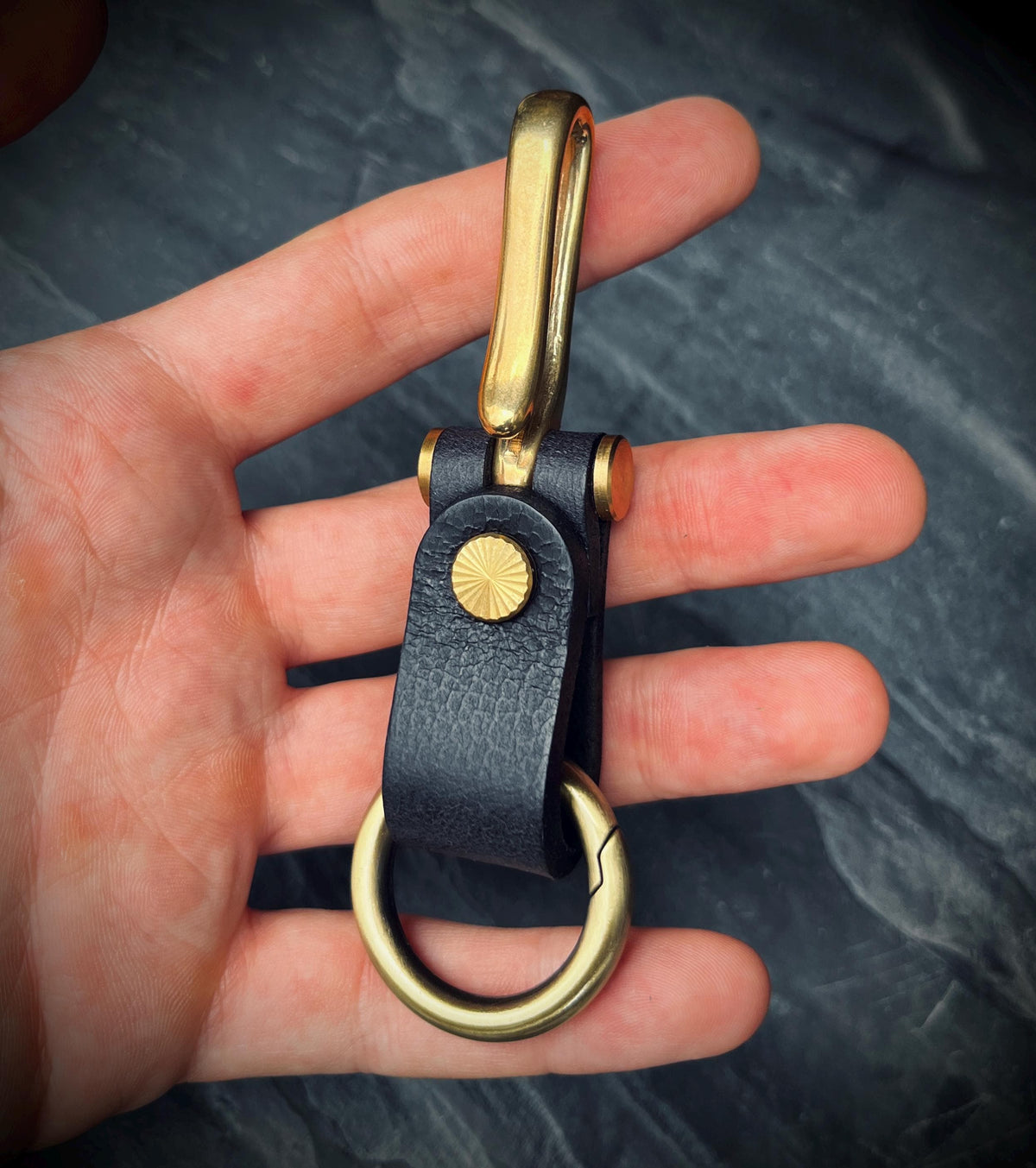 Distressed Black Leather Brass Fish Hook Belt Keychain / Key Holder / Lanyard / Carabiner