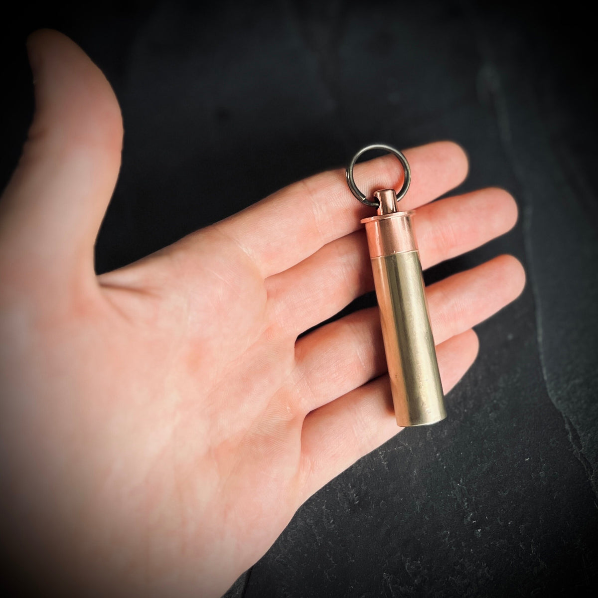 Distressed Brass & Copper Waterproof Shotgun Shell Bullet Pill Bottle Capsule Keychain / Carabiner / Survival EDC / Container / Pocket / SOS