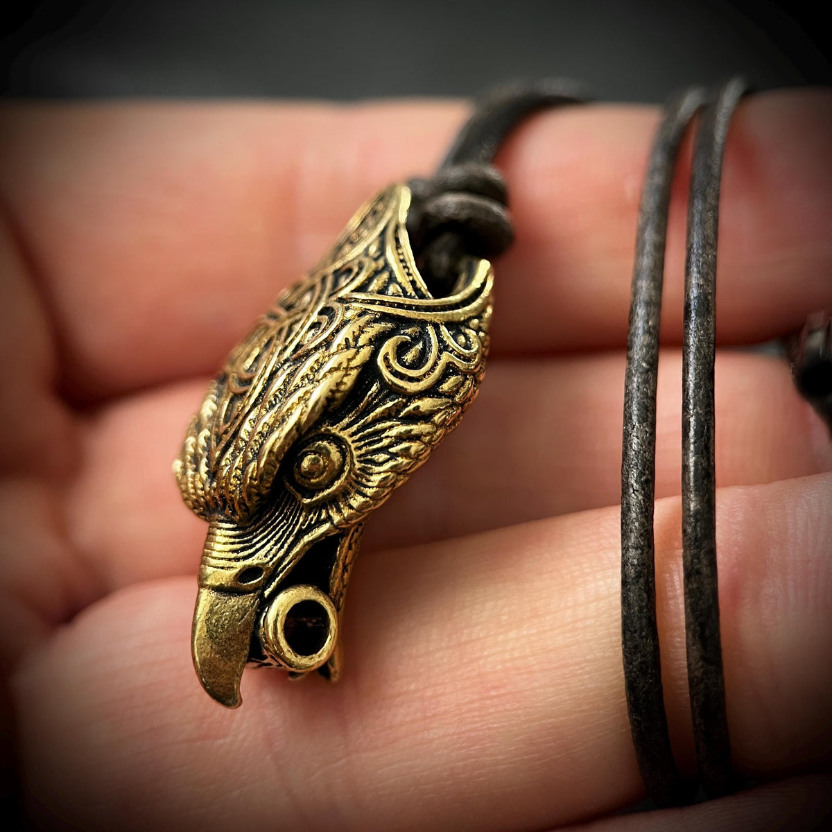 Rustic Brass Celtic Golden Eagle Bird Head Pendant & Black Distressed Leather Cord Necklace