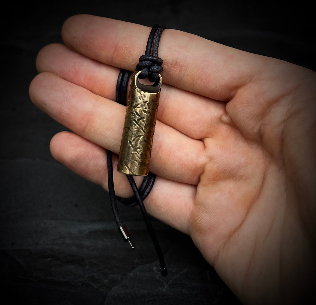 Solid Brass Small Pill Vial Cracked Effect Heavily Distressed Shotgun Shell Capsule Stash Urn Pendant with Leather Cord Necklace / EDC