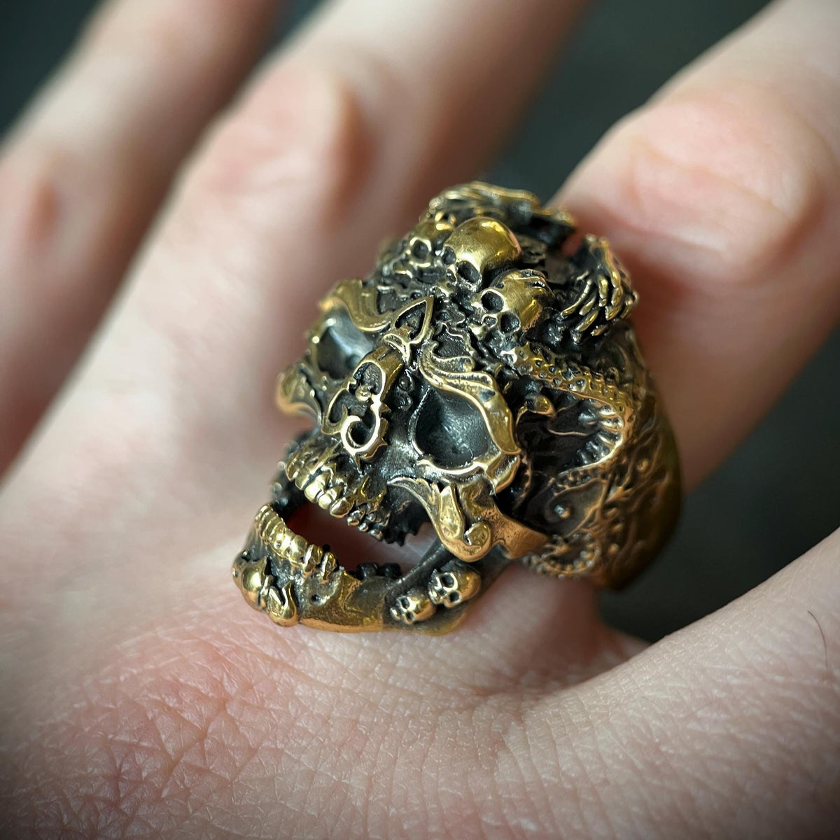 24ct Gold Plated Detailed Oxidised Dragon Skull Ring with Ornate Carvings